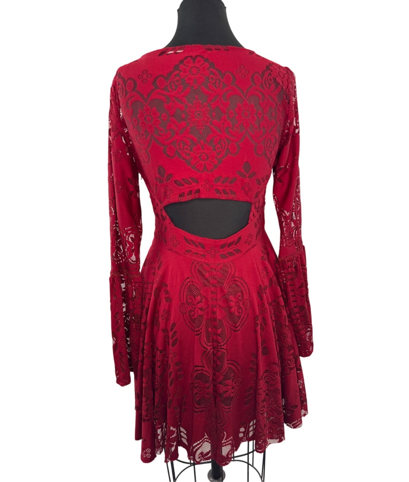 Free People Deep Red Lace Lovers Folk Song Dress Floral Bell Sleeve Party Size 6